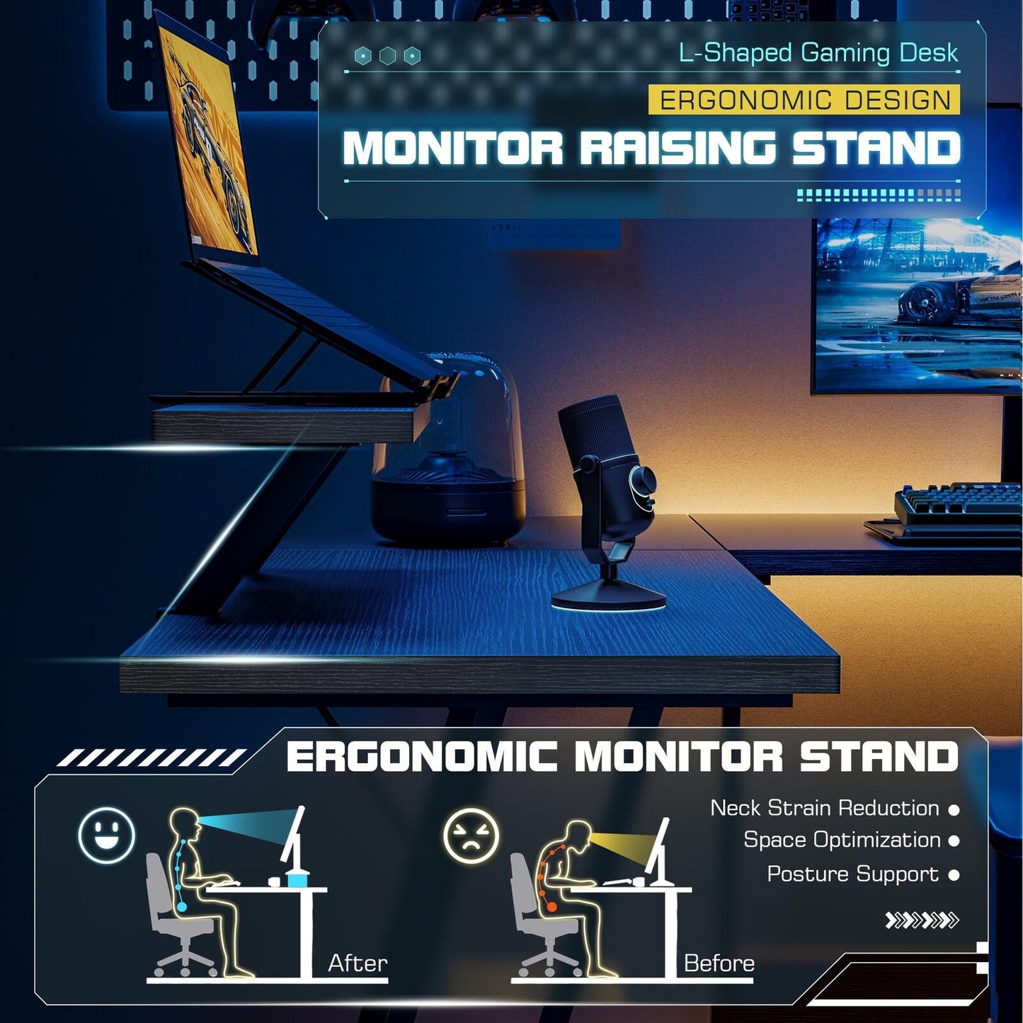 51" L-Shaped Gaming Desk Corner Office with Removable Monitor Riser Black