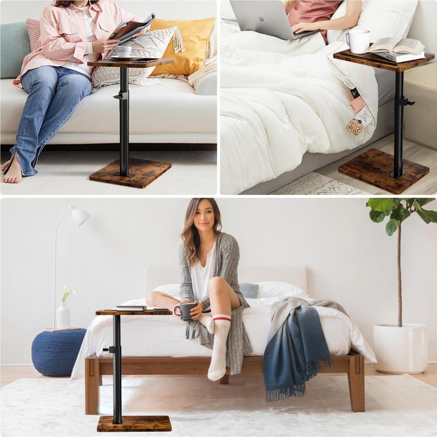 360° Swivel Adjustable Sofa Arm Tray Table Rustic Side Table