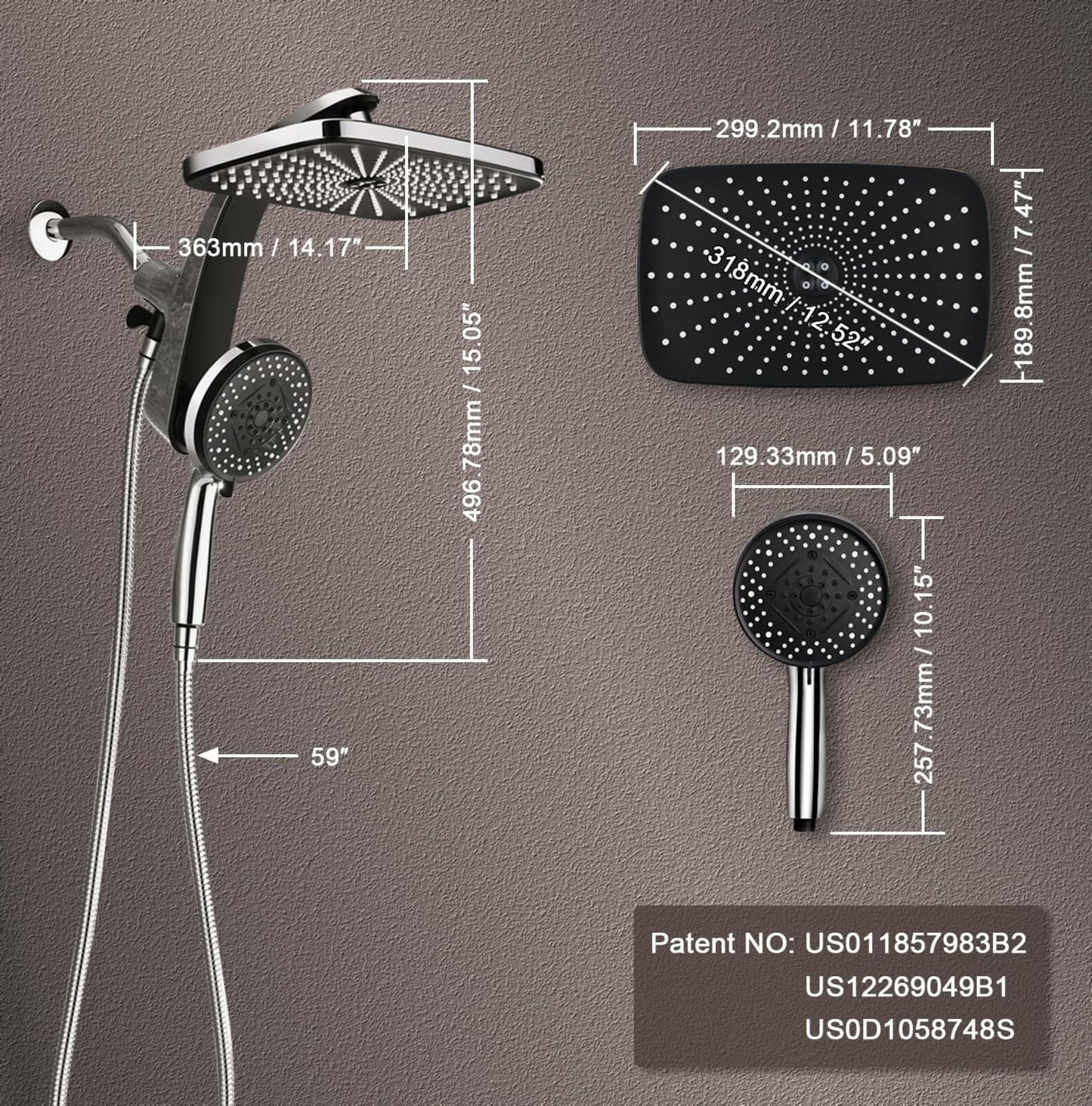 High Pressure Rain Shower Head Combo w/ Handheld 10 Sprays Magnetic Docking