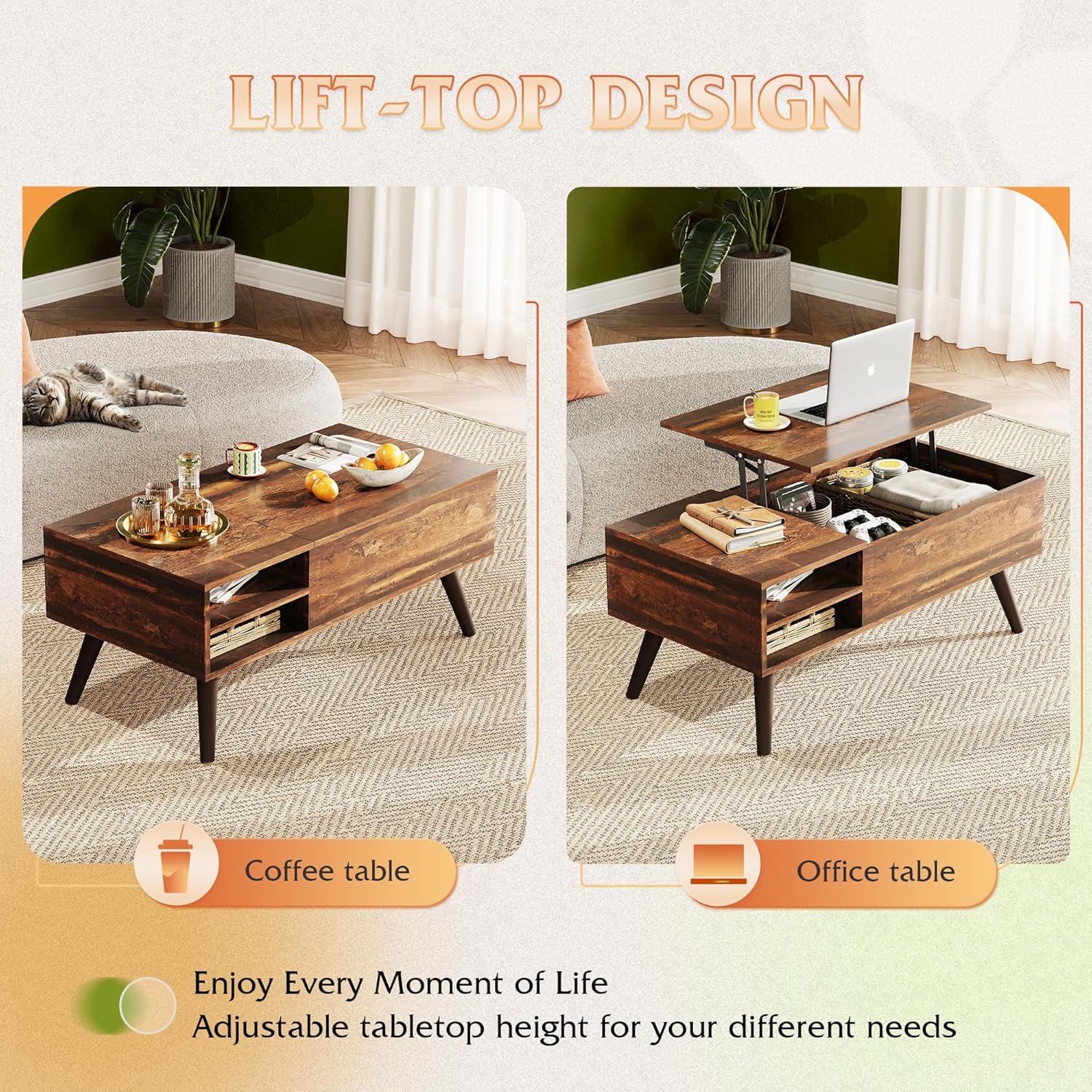 Coffee Table With Adjustable Shelf for Living Room or Office
