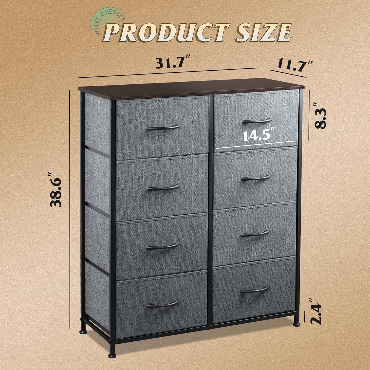8 Drawer Dresser for Bedroom or Closet (Dark Gray)