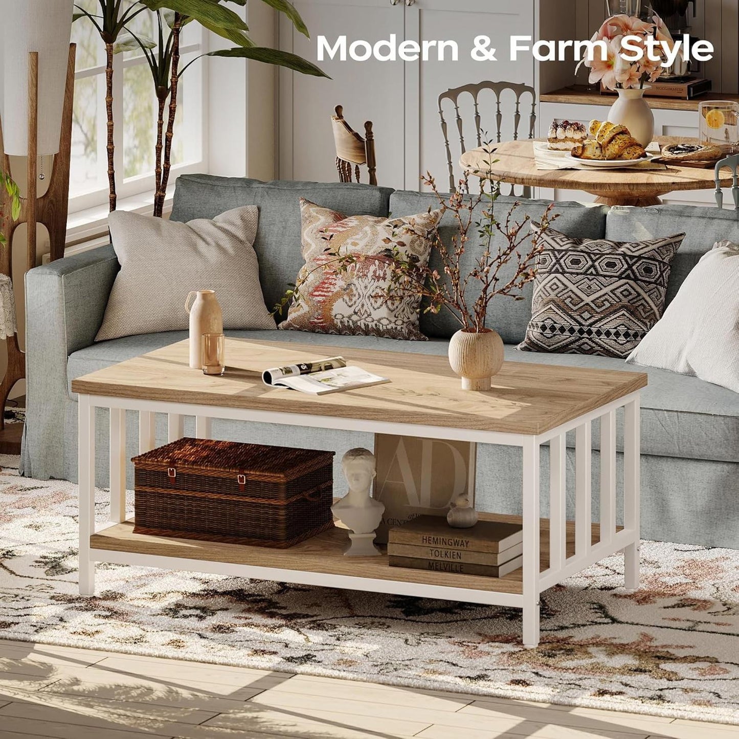 Light Coffee Modern Farmhouse Coffee Table, 39", Two-Tier Storage Design