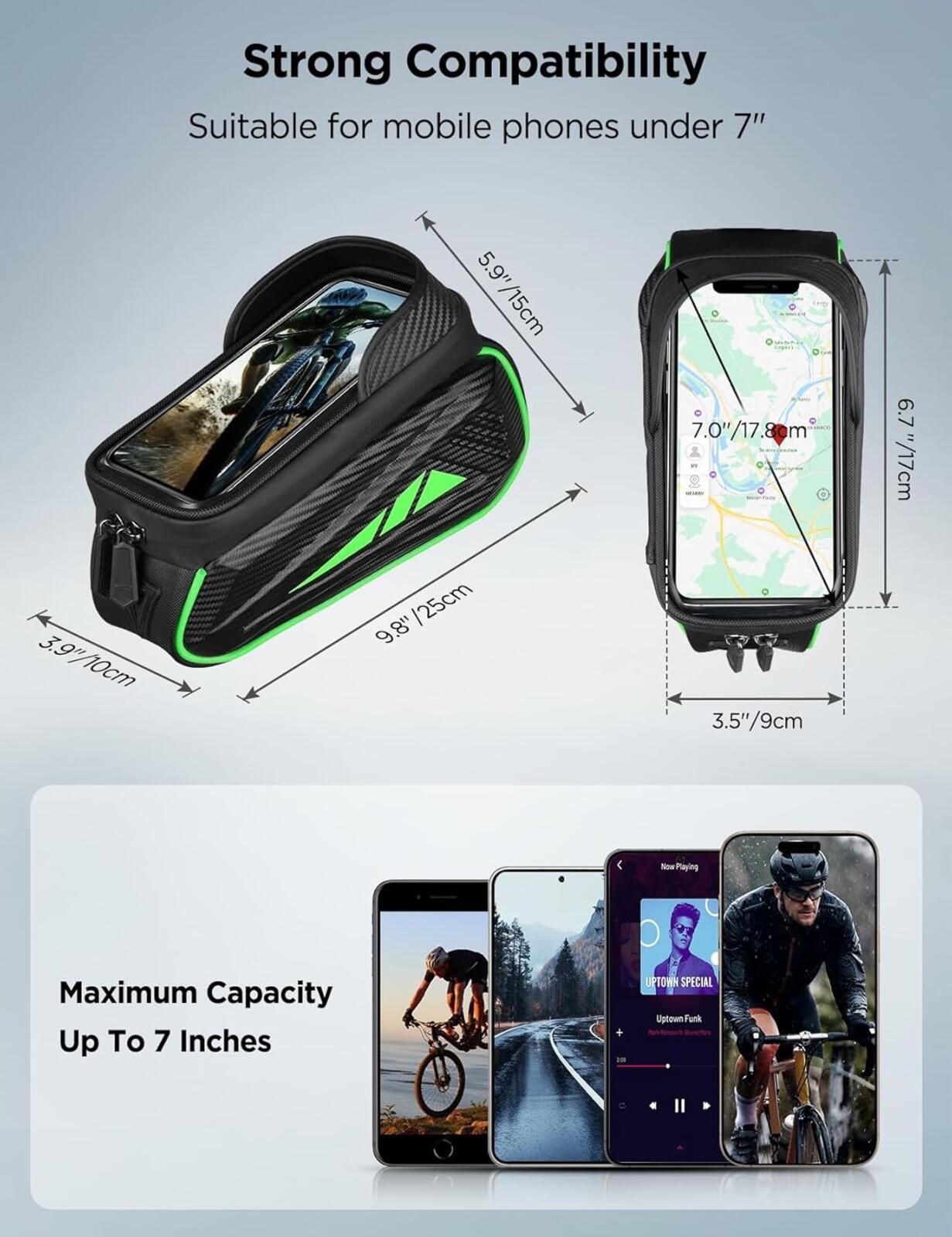 Waterproof Bike Phone Holder Bag Green Frame Pouch Touchscreen Fits 7" Phones