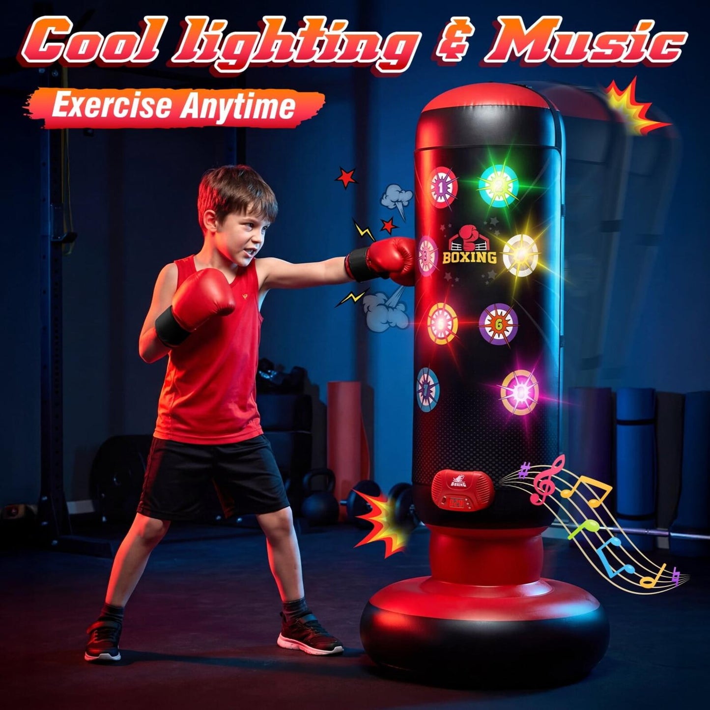 Punching Bag for Kids, 60 Inch Inflatable Boxing Bag with Gloves, 4 Game Modes,