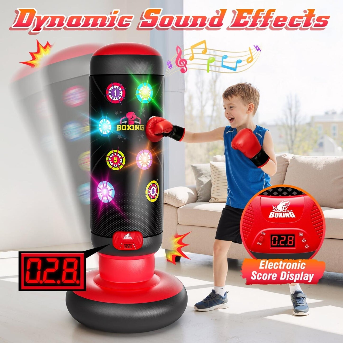 Punching Bag for Kids, 60 Inch Inflatable Boxing Bag with Gloves, 4 Game Modes,
