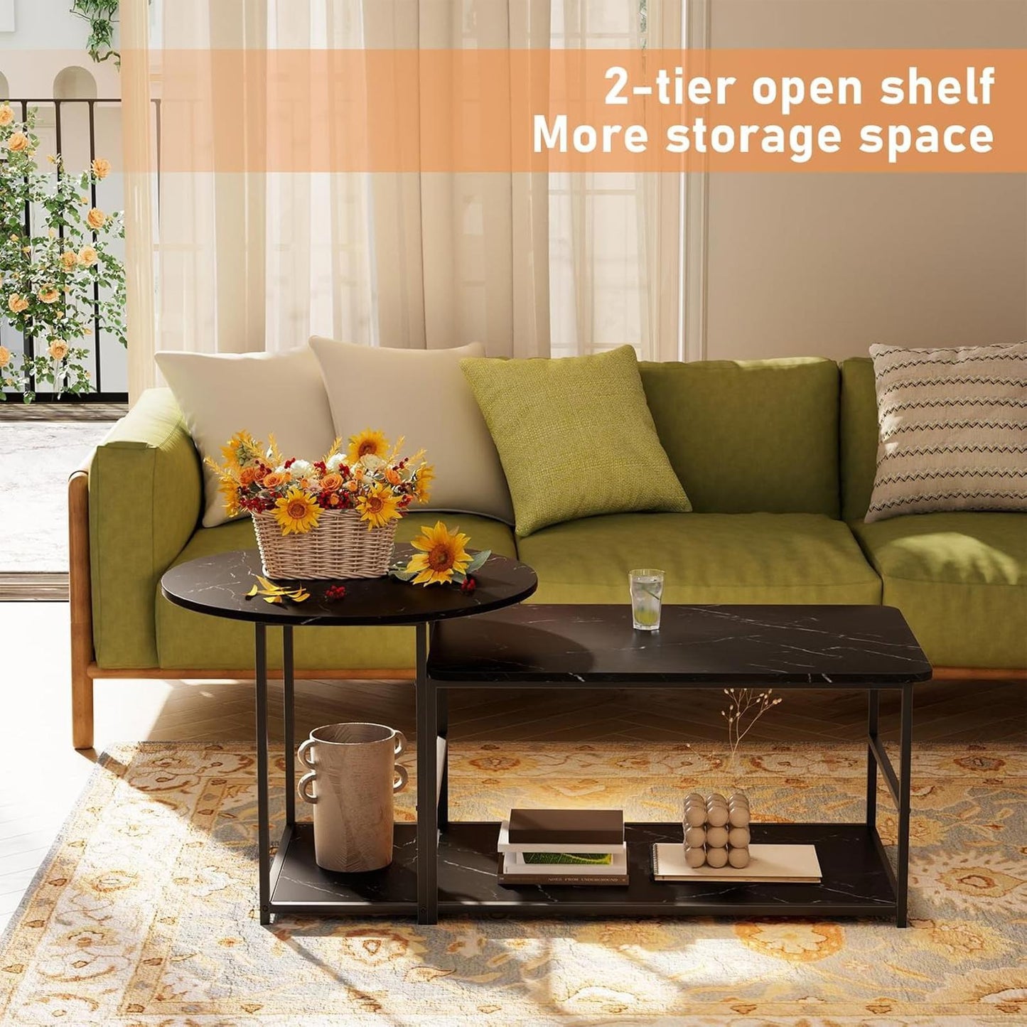 2-in-1 Black Marble Coffee Table with Storage, Modern Living Room Table