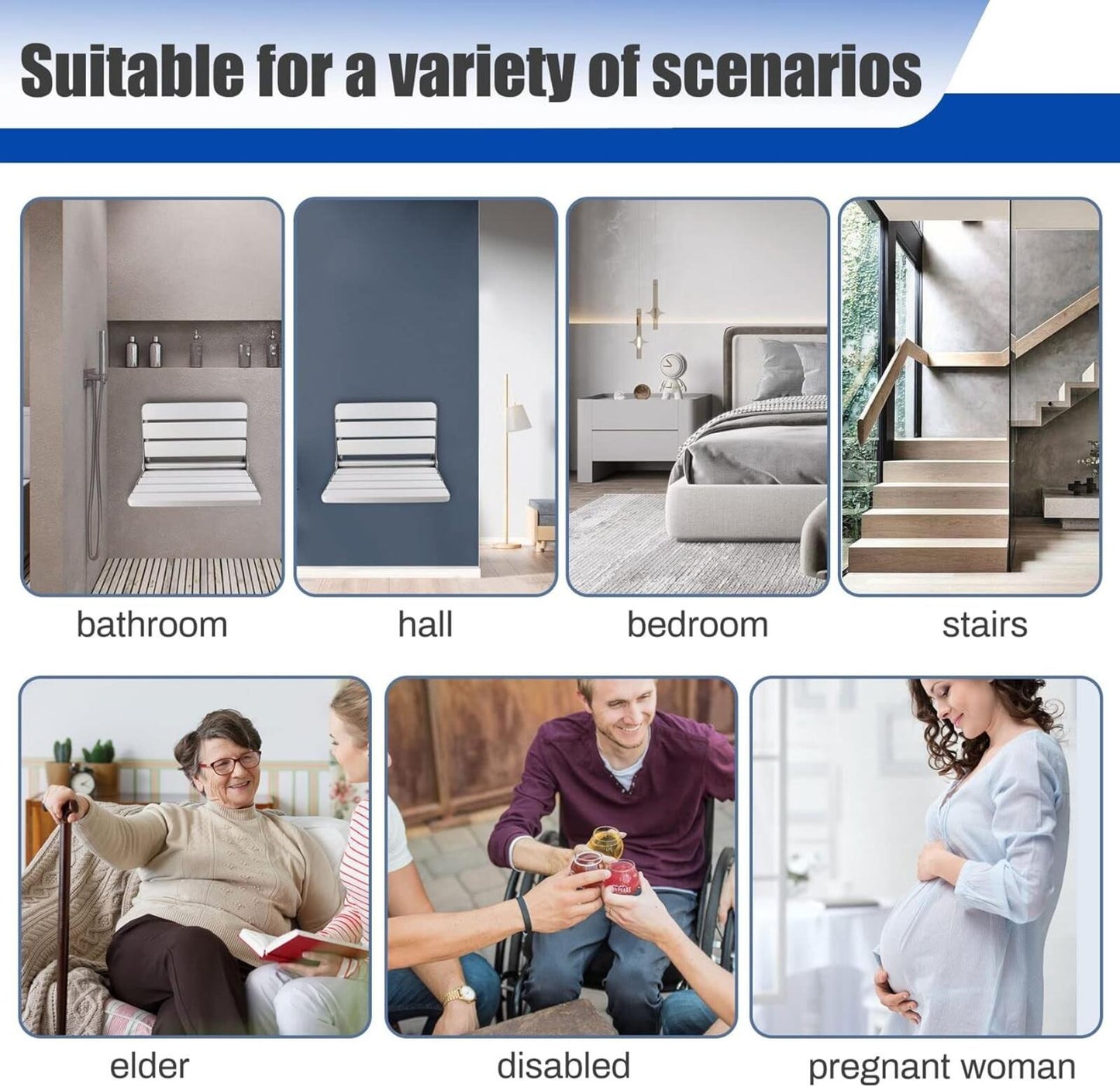 16" Foldable Wall-Mount Shower Seat Bench for Adults 400lb White