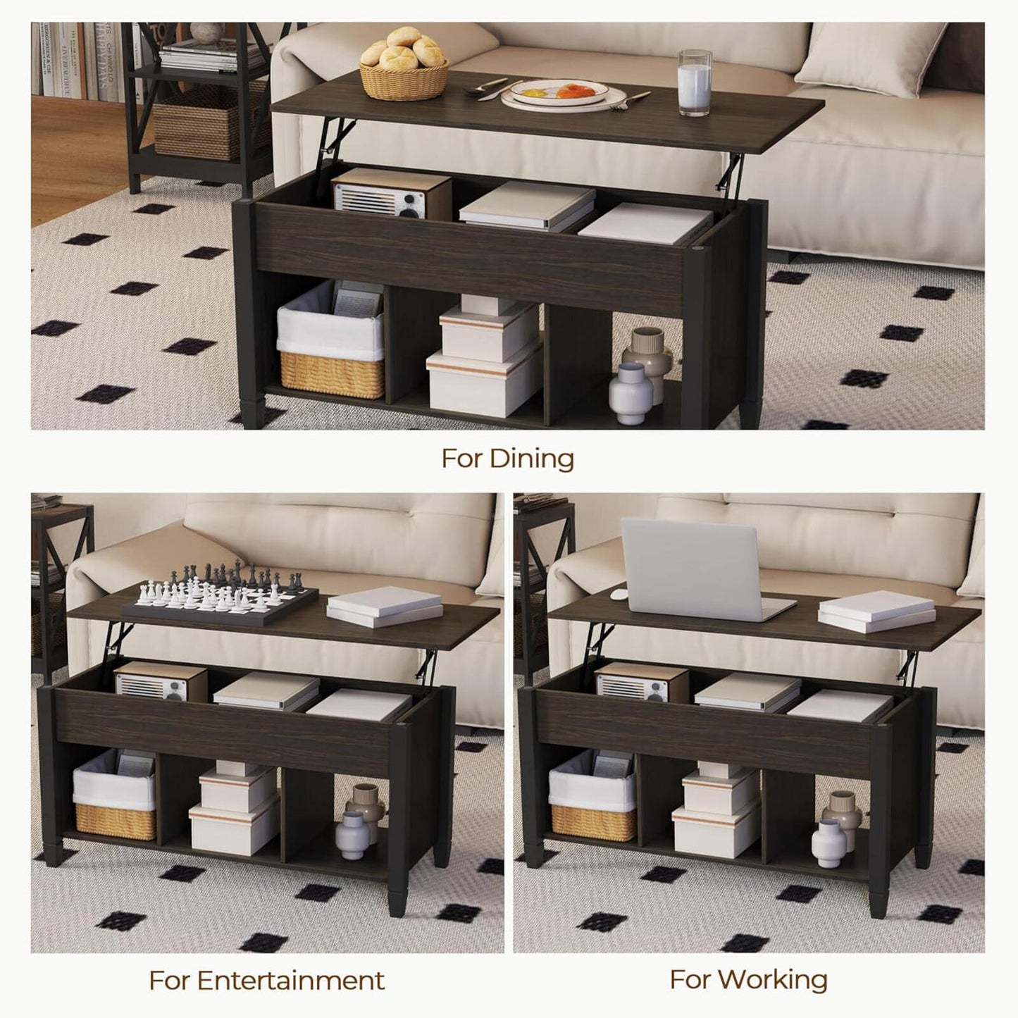 41" Lift Top Coffee Table w/ Storage Hidden Compartment Shelf Espresso