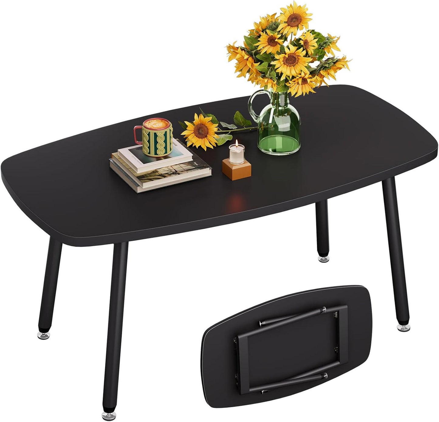 Black Rectangular Folding Coffee Table, Portable Design, 39.3"