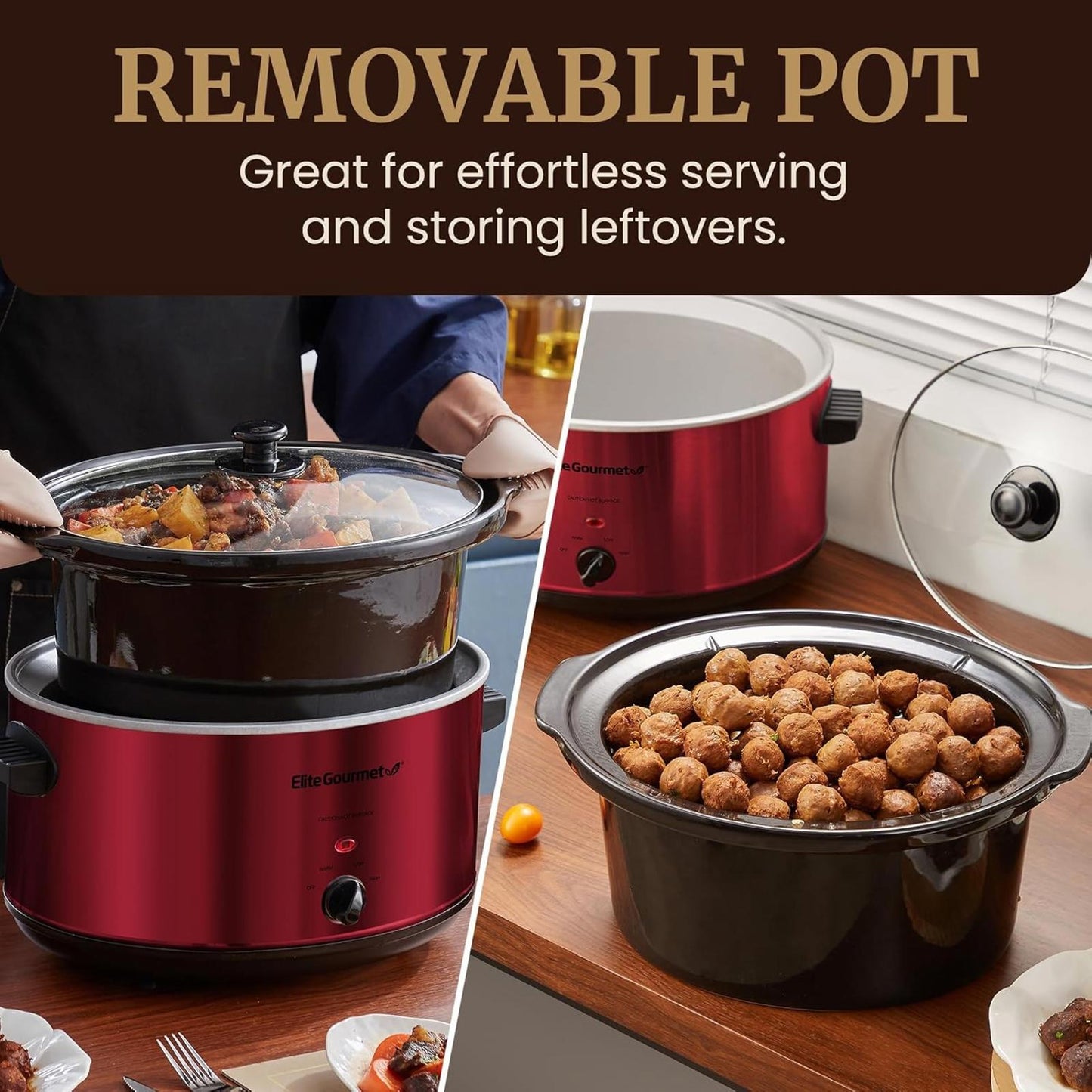8.5Qt Electric Ceramic XL Slow Cooker Metallic Red Dishwasher Safe Glass Lid