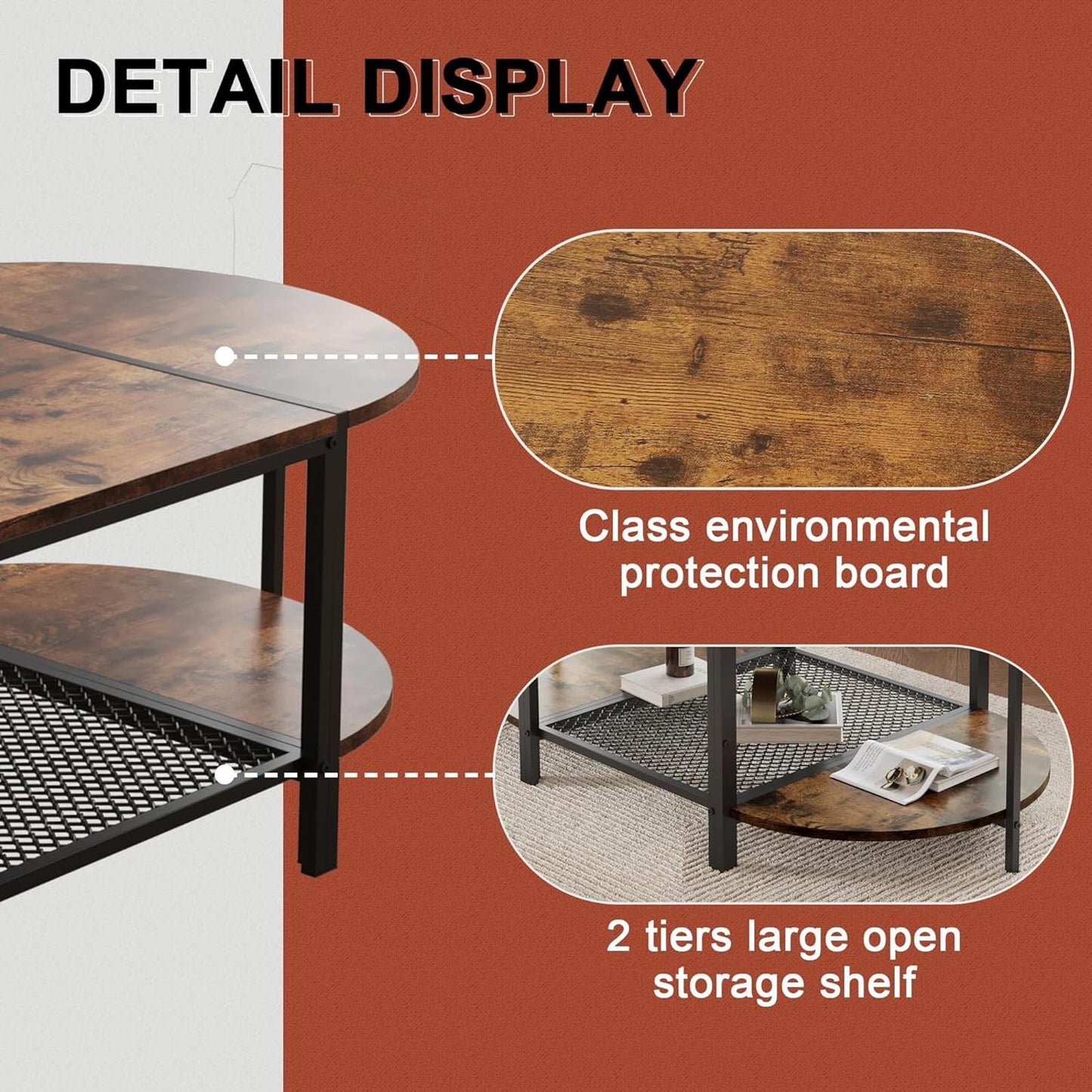 Oval 2-Tier Coffee Table, Rustic Wood & Metal, Vintage Brown, Modern