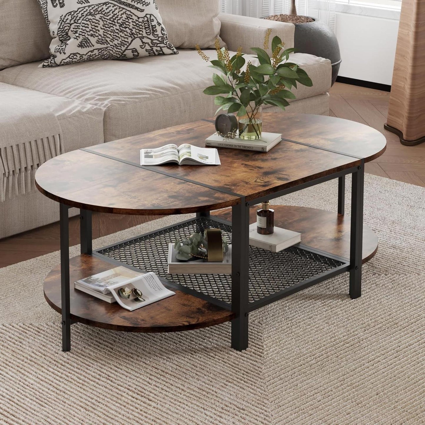 Oval 2-Tier Coffee Table, Rustic Wood & Metal, Vintage Brown, Modern