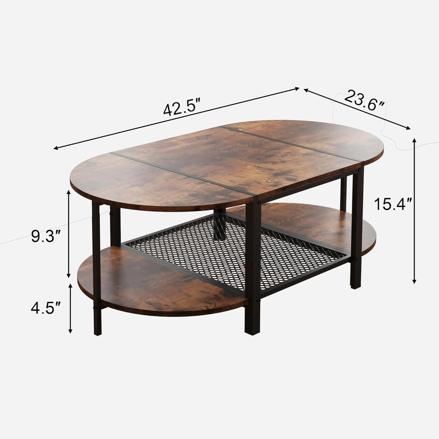 Oval 2-Tier Coffee Table, Rustic Wood & Metal, Vintage Brown, Modern