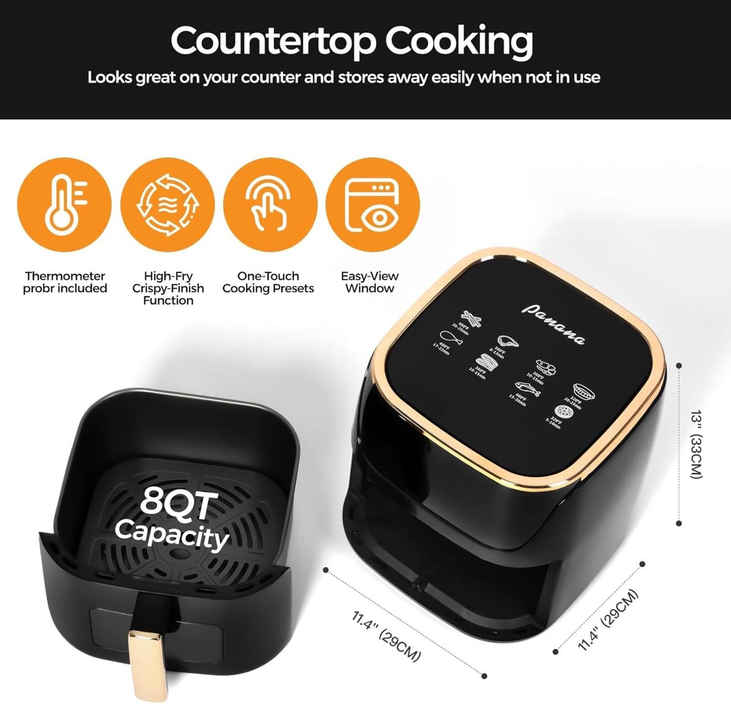 8Qt Large Air Fryer Digital Touch 8 Presets Nonstick Dishwasher Safe Black