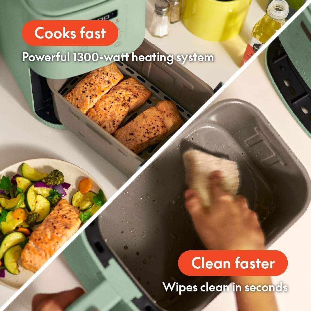 4Qt Slim Air Fryer Ceramic Nonstick 6 Presets 3.3Lb Seaglass