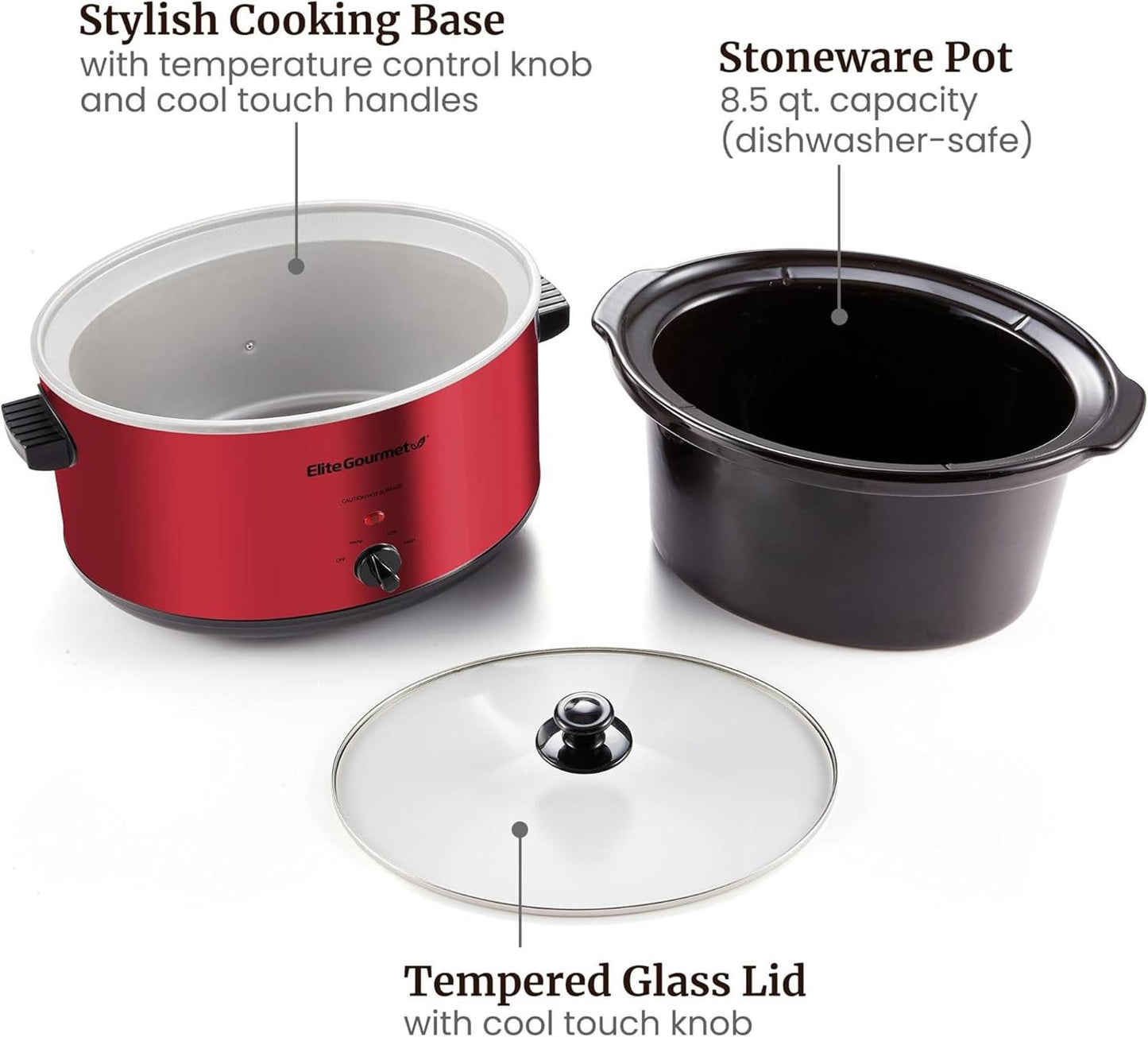 8.5Qt Electric Ceramic XL Slow Cooker Metallic Red Dishwasher Safe Glass Lid