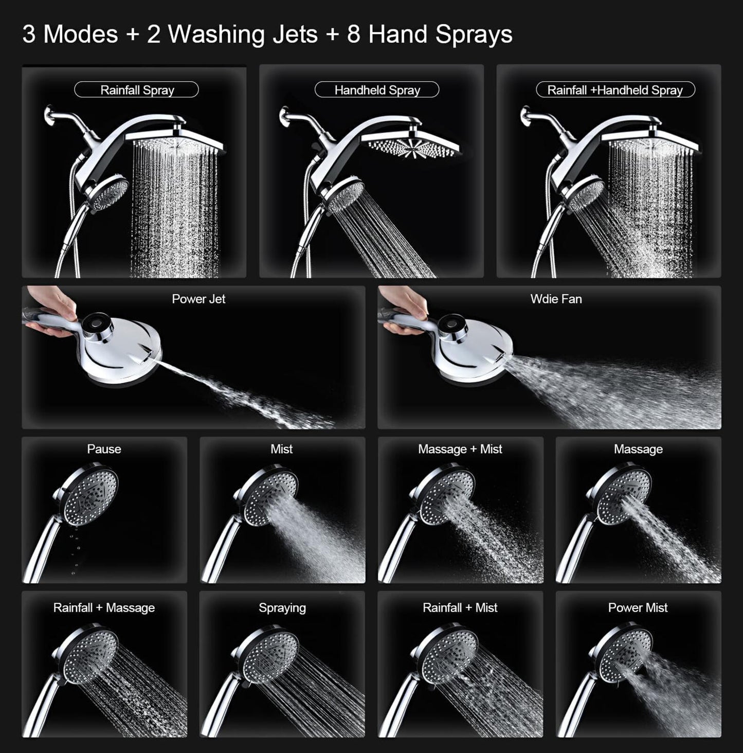 High Pressure Rain Shower Head Combo w/ Handheld 10 Sprays Magnetic Docking