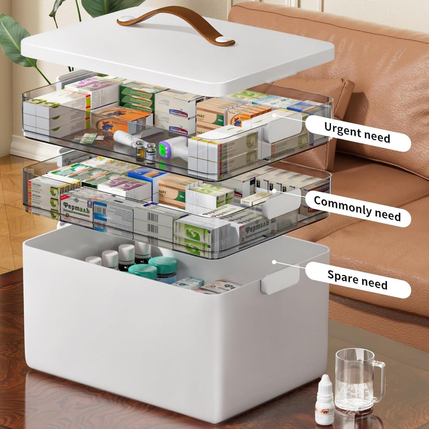 3-Tier Medicine Organizer - Portable Medicine Cabinet with Leather Handle, Empty