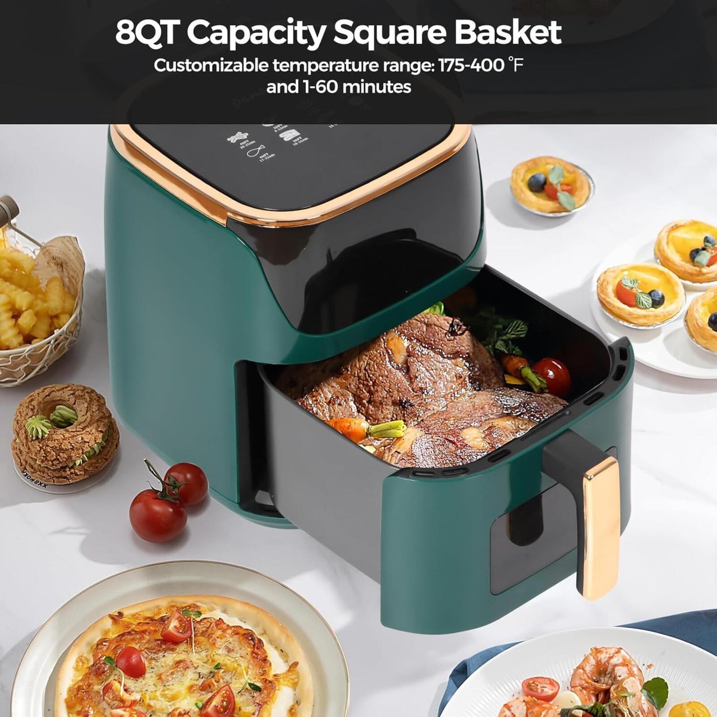 8Qt Large Air Fryer Digital Touch 8 Presets Nonstick Dishwasher Safe Green