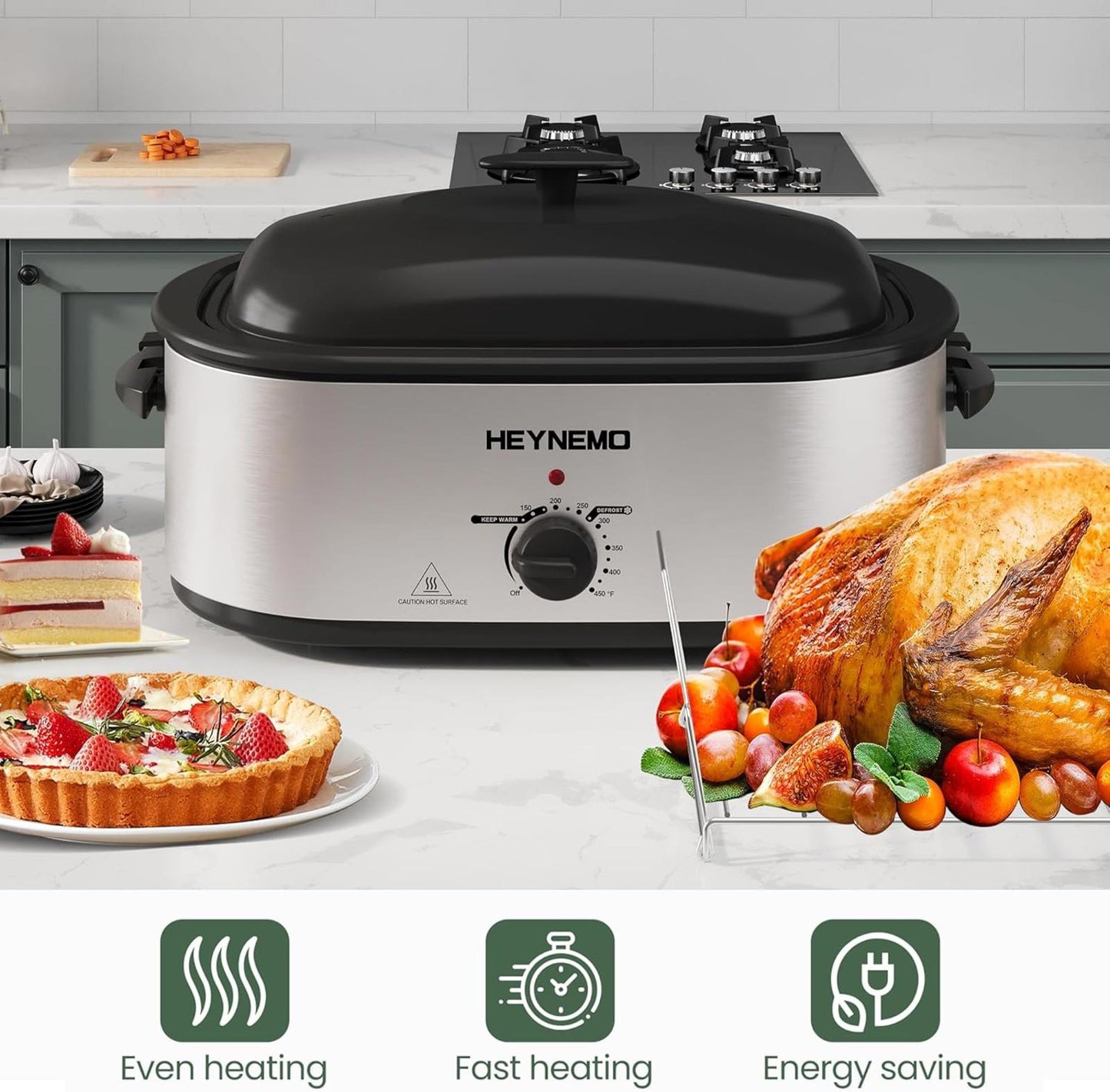 24Qt Electric Roaster Oven Stainless Steel 3-Compartment Turkey Removable Rack