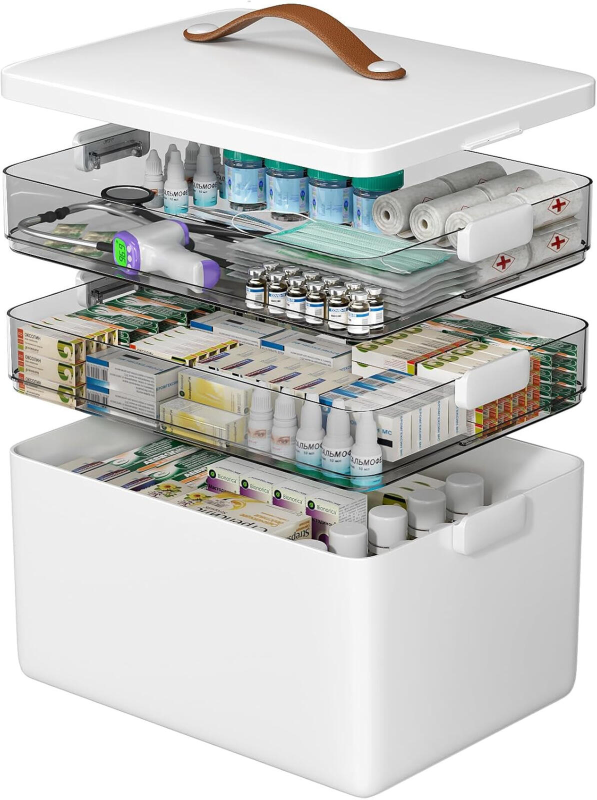 3-Tier Medicine Organizer - Portable Medicine Cabinet with Leather Handle, Empty