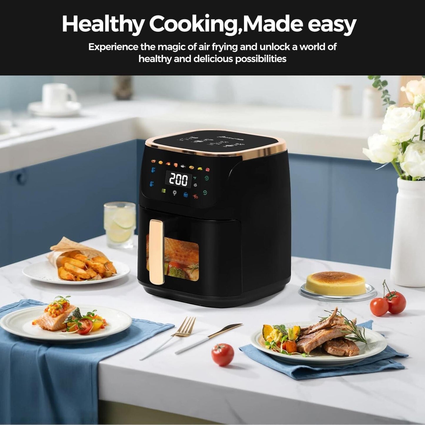 8Qt Large Air Fryer Digital Touch 8 Presets Nonstick Dishwasher Safe Black