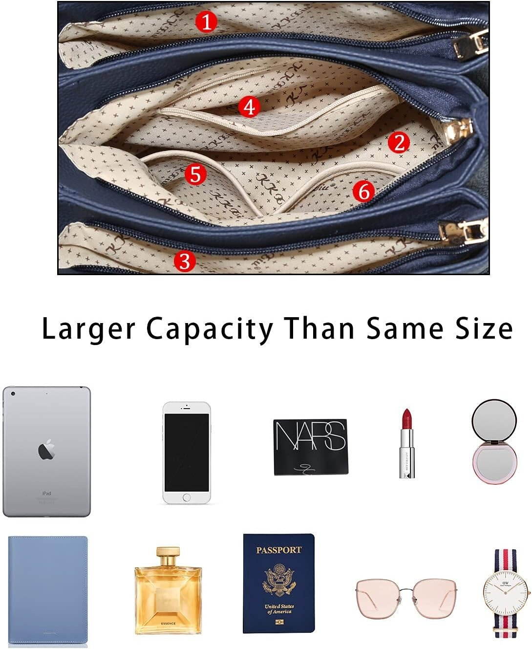 Women's PU Leather Satchel Crossbody Purse 3 Zip Tassel