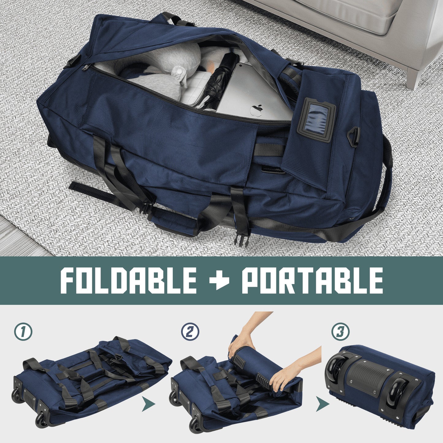 34 Inch Rolling Duffel Bag 90L Travel Camping Sports Blue