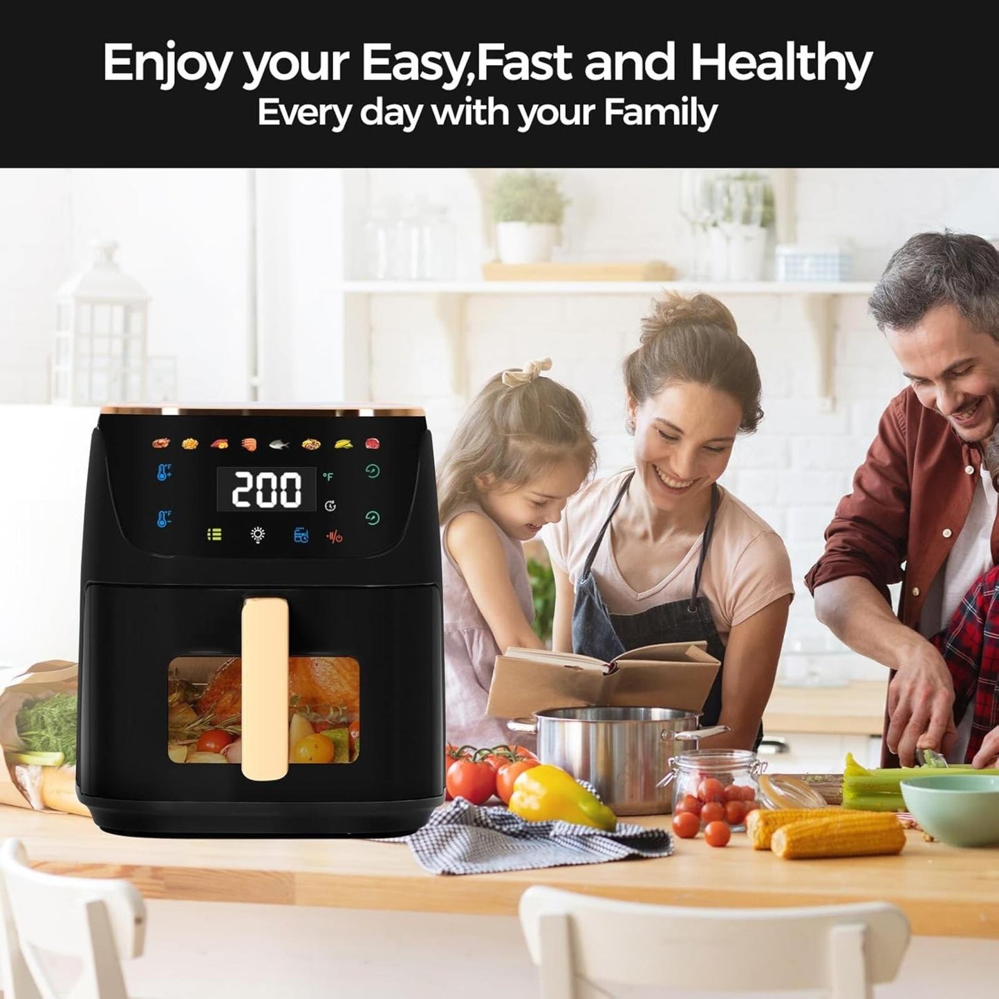 8Qt Large Air Fryer Digital Touch 8 Presets Nonstick Dishwasher Safe Black