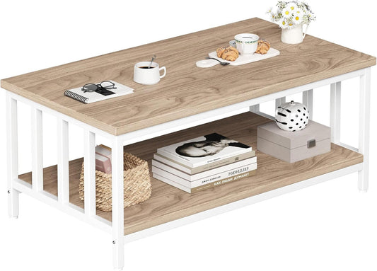 Light Coffee Modern Farmhouse Coffee Table, 39", Two-Tier Storage Design