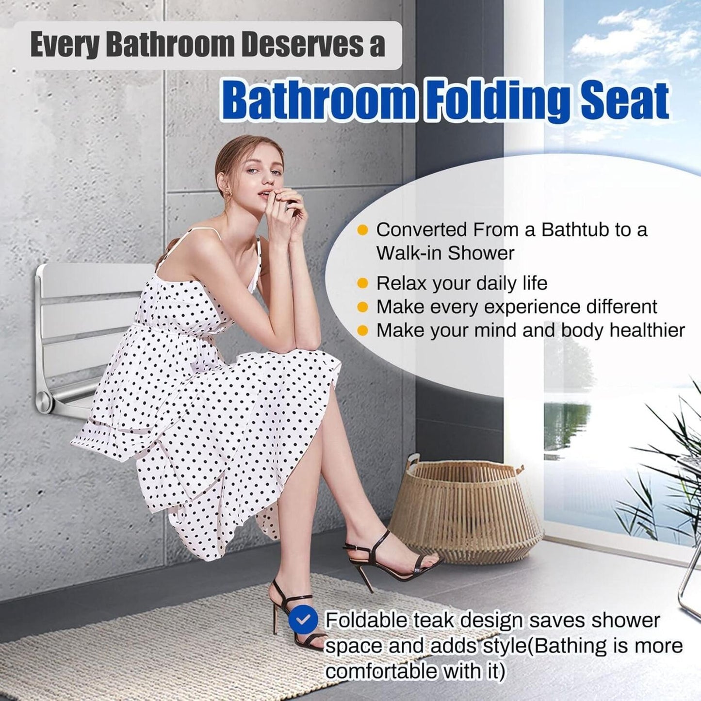 16" Foldable Wall-Mount Shower Seat Bench for Adults 400lb White