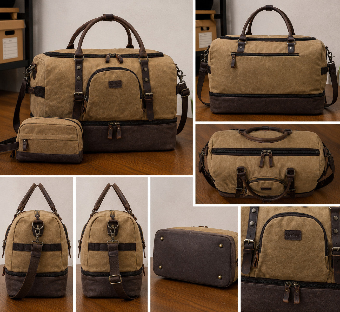 Nerlion Men's Canvas Leather Weekender Duffel Shoe Bag Brown