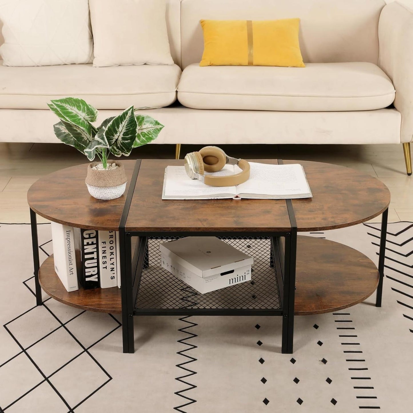 Oval 2-Tier Coffee Table, Rustic Wood & Metal, Vintage Brown, Modern