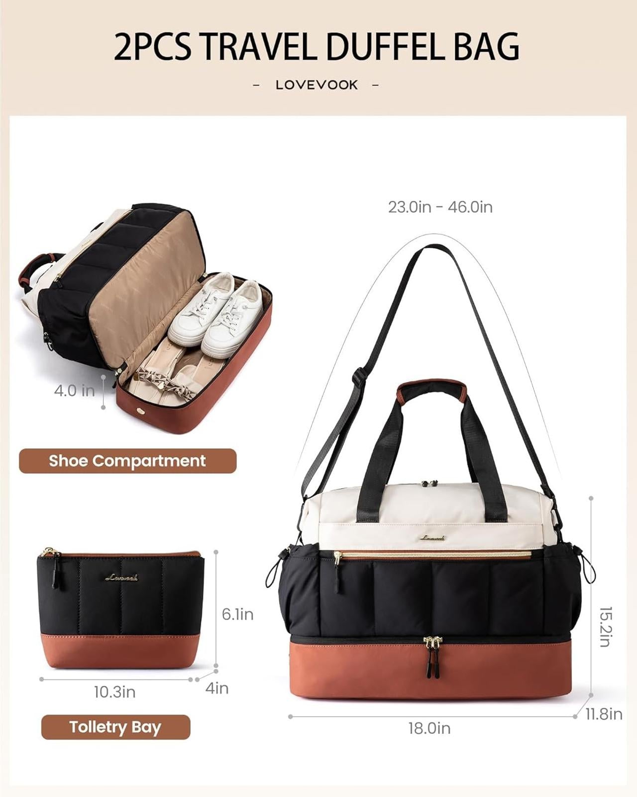 Travel Duffel Bag Women 38L Overnight w/ Shoe Compartment Wet Pocket 2Pc