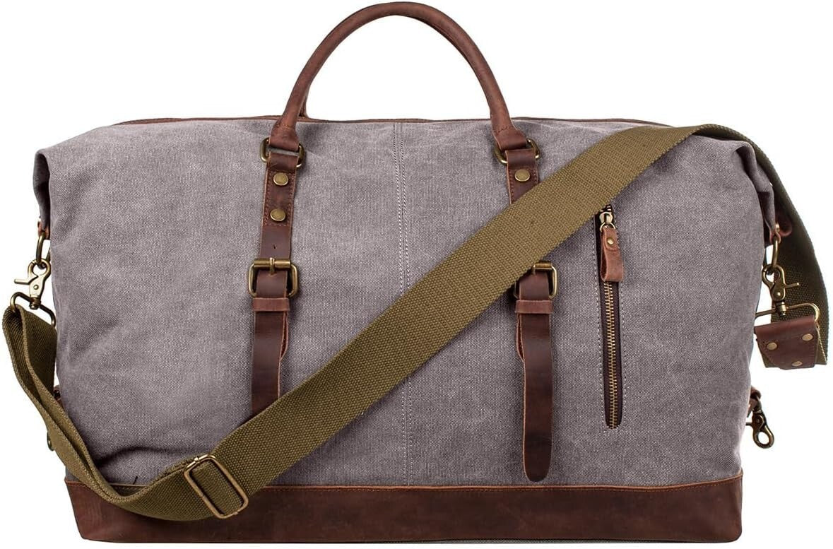 Canvas Travel Duffel Bag Leather Trim Carry On Weekender