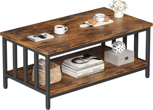 Modern Farmhouse Coffee Table 39" with 2-Tier Storage, Rustic Brown