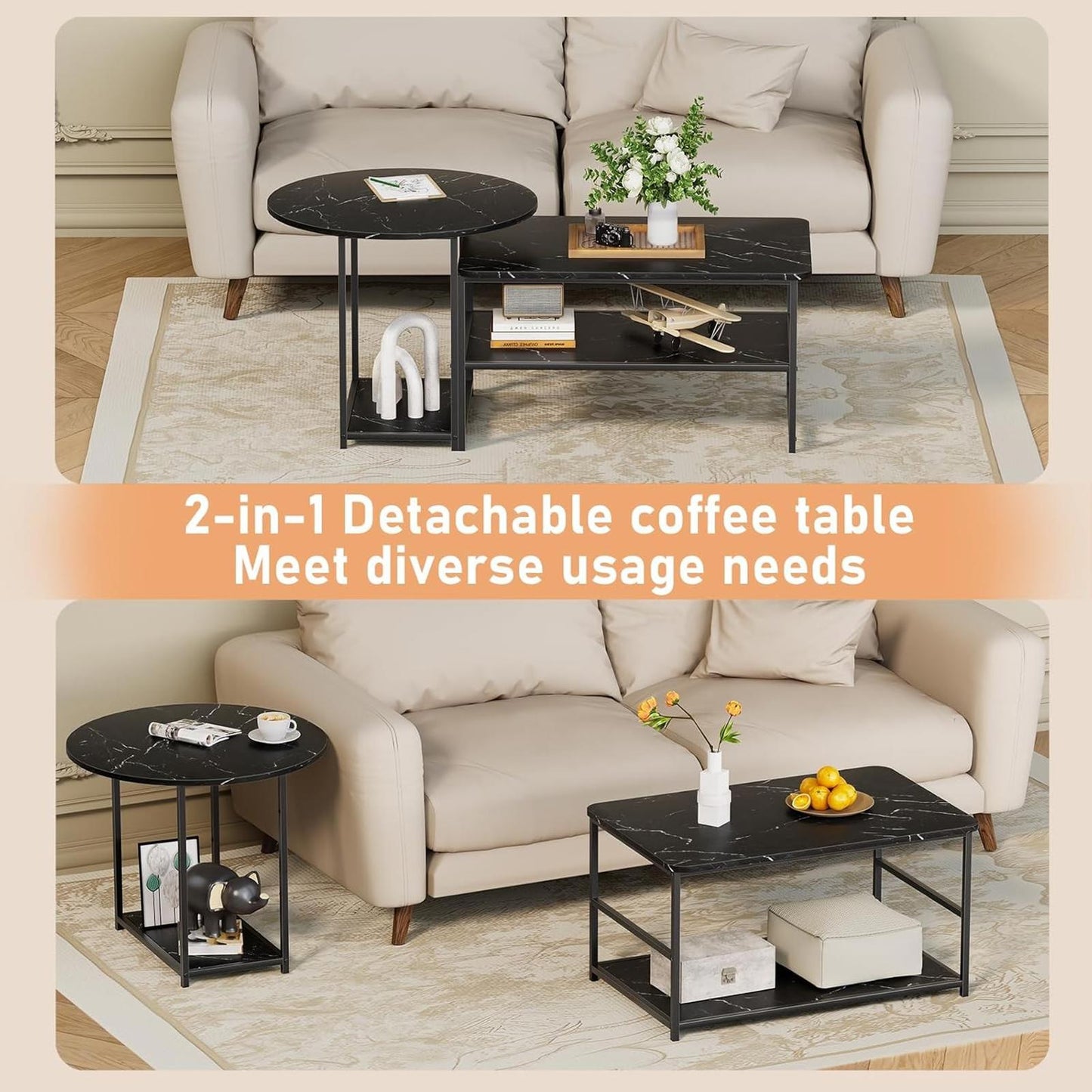 2-in-1 Black Marble Coffee Table with Storage, Modern Living Room Table