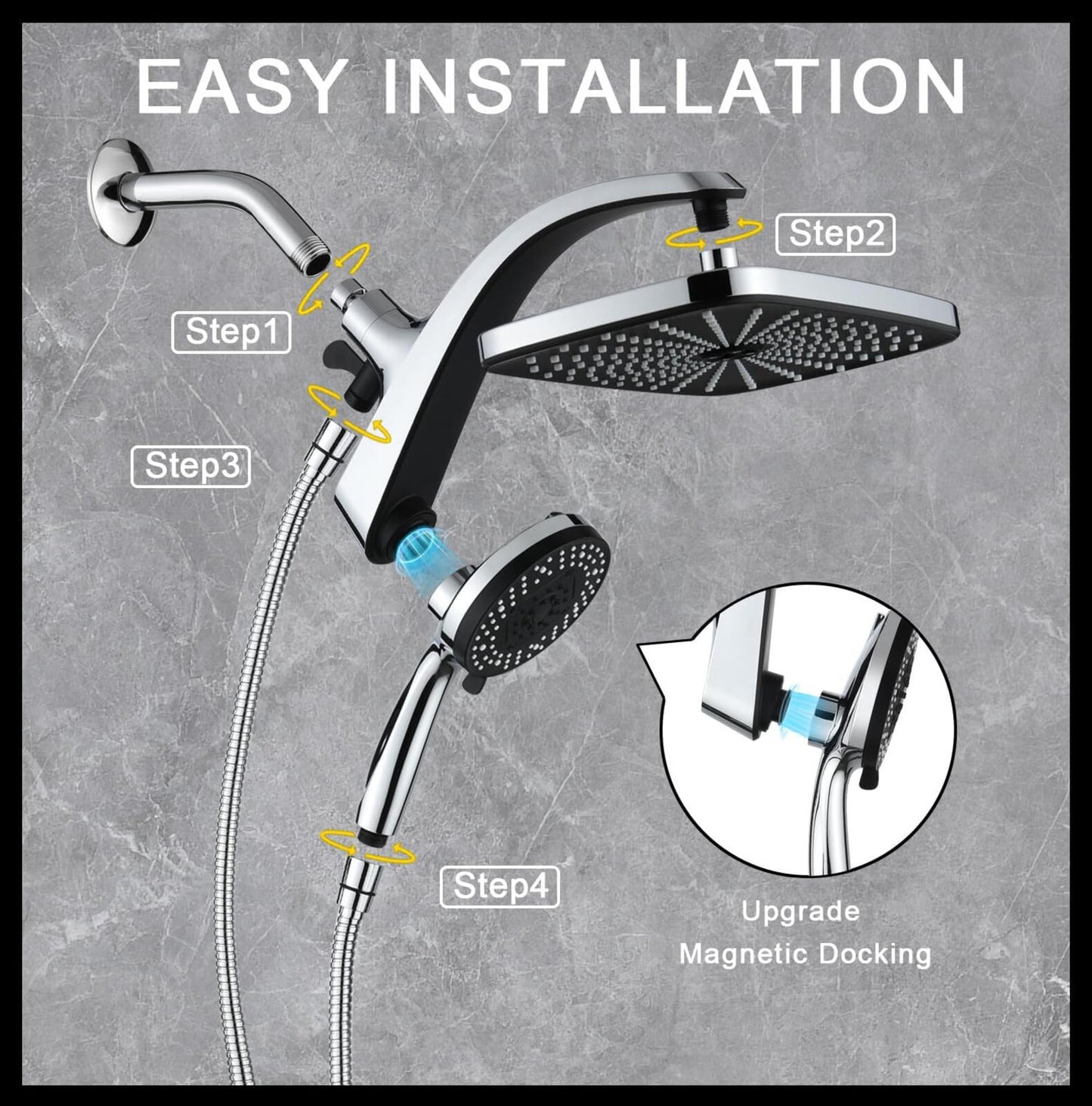 High Pressure Rain Shower Head Combo w/ Handheld 10 Sprays Magnetic Docking