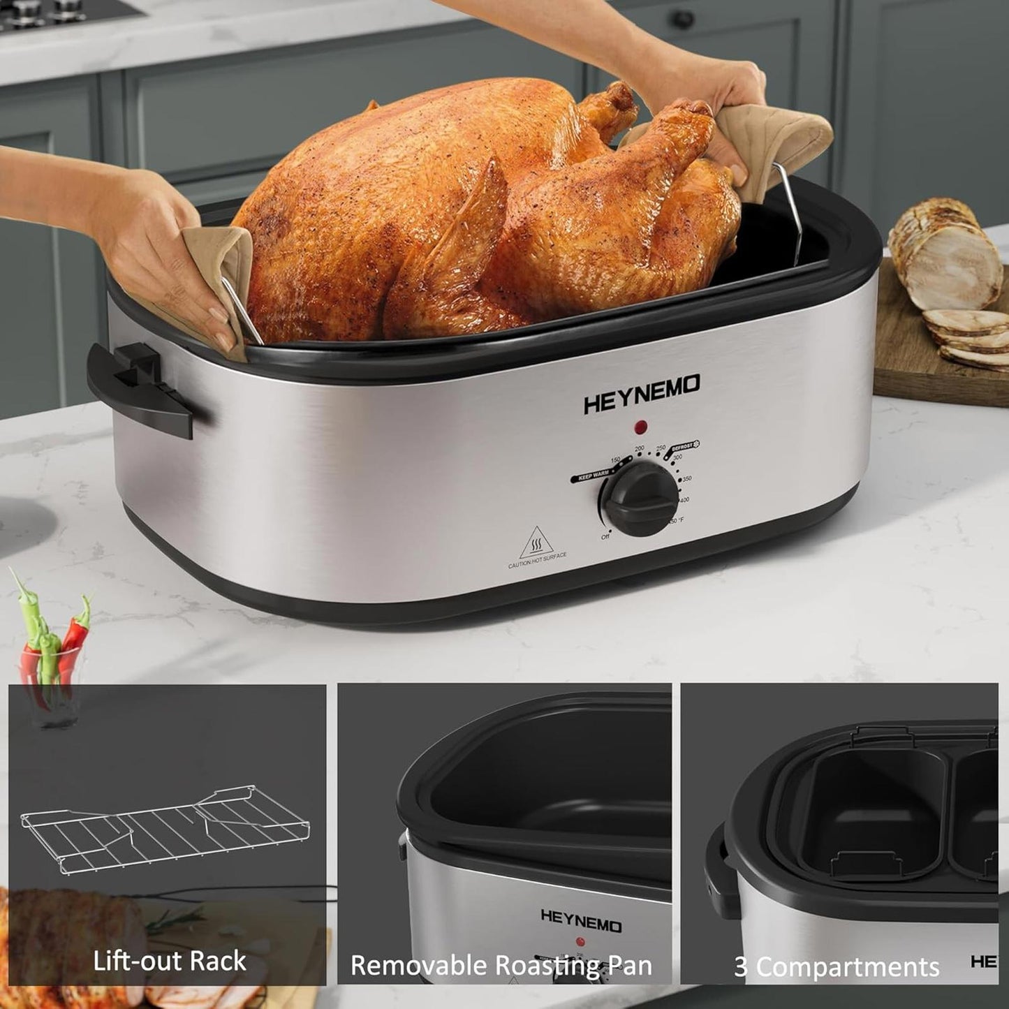 24Qt Electric Roaster Oven Stainless Steel 3-Compartment Turkey Removable Rack
