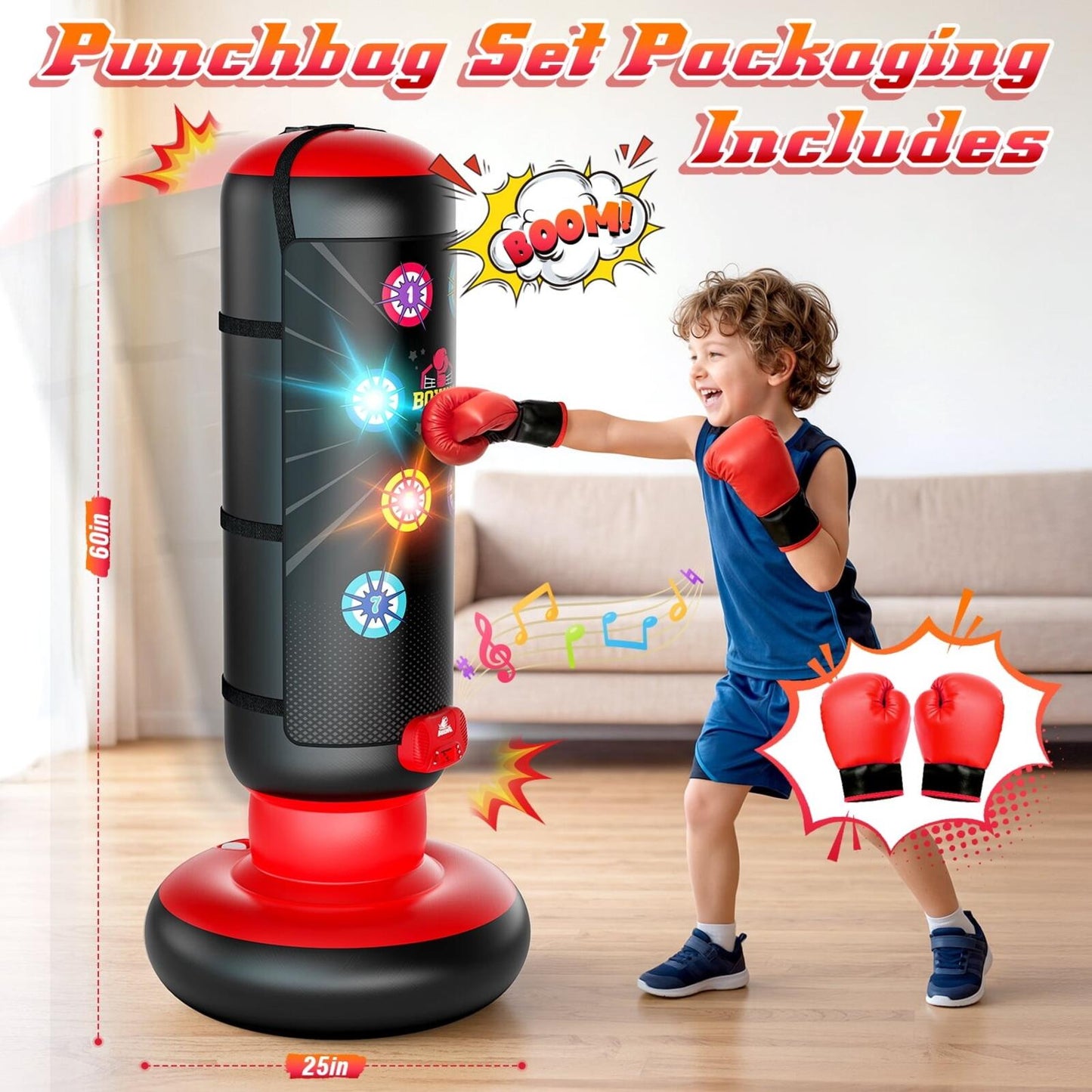 Punching Bag for Kids, 60 Inch Inflatable Boxing Bag with Gloves, 4 Game Modes,
