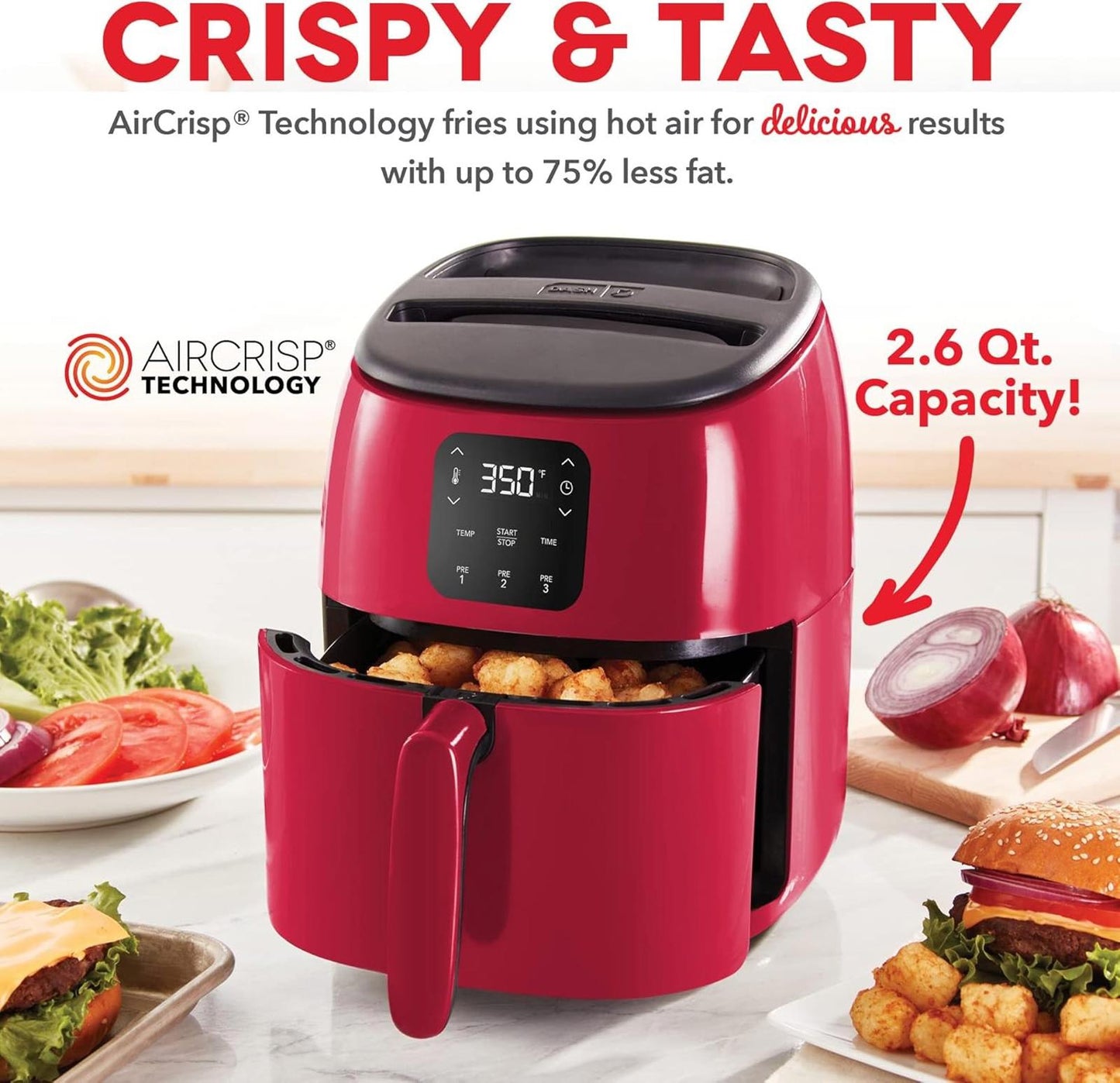 Tasti-Crisp Electric Air Fryer Oven 2.6 Qt Digital 1000W Compact Red