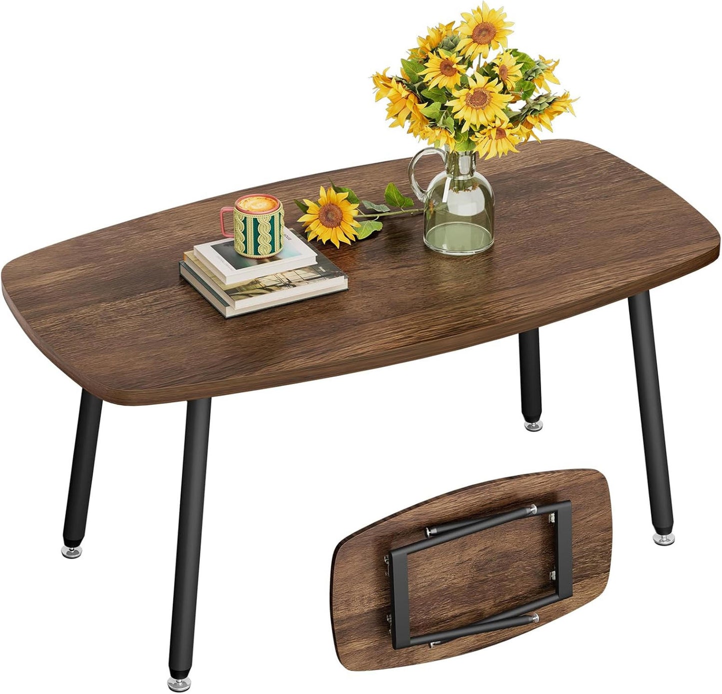 Brown Folding Coffee Table 39.3" Portable Rectangular Living Room Table