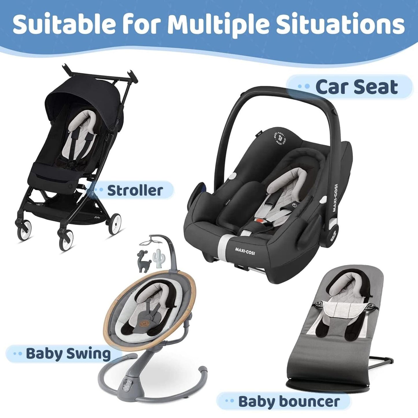 Infant Car Seat Head Support Soft 2-in-1 Insert for Newborn Stroller Gray/Black