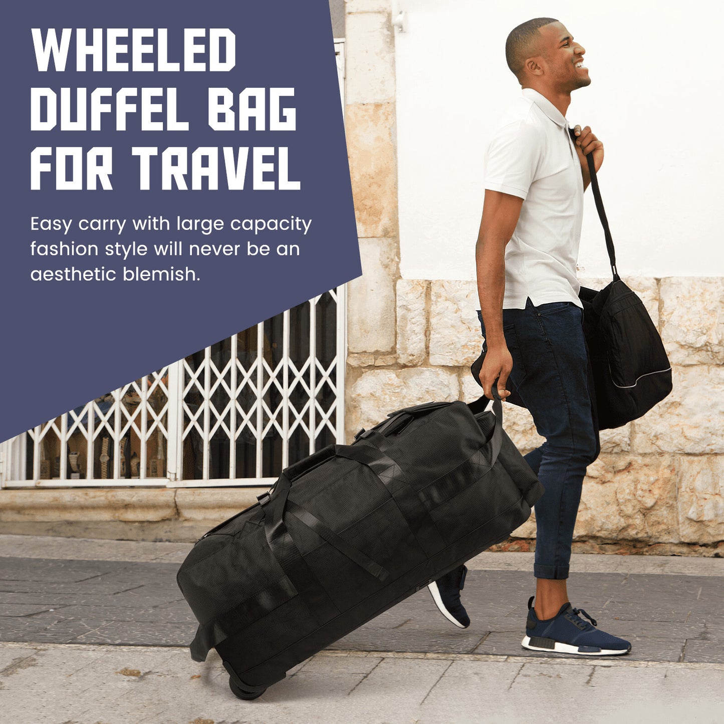 90L Foldable Rolling Duffel Bag Wheels Waterproof Travel Black