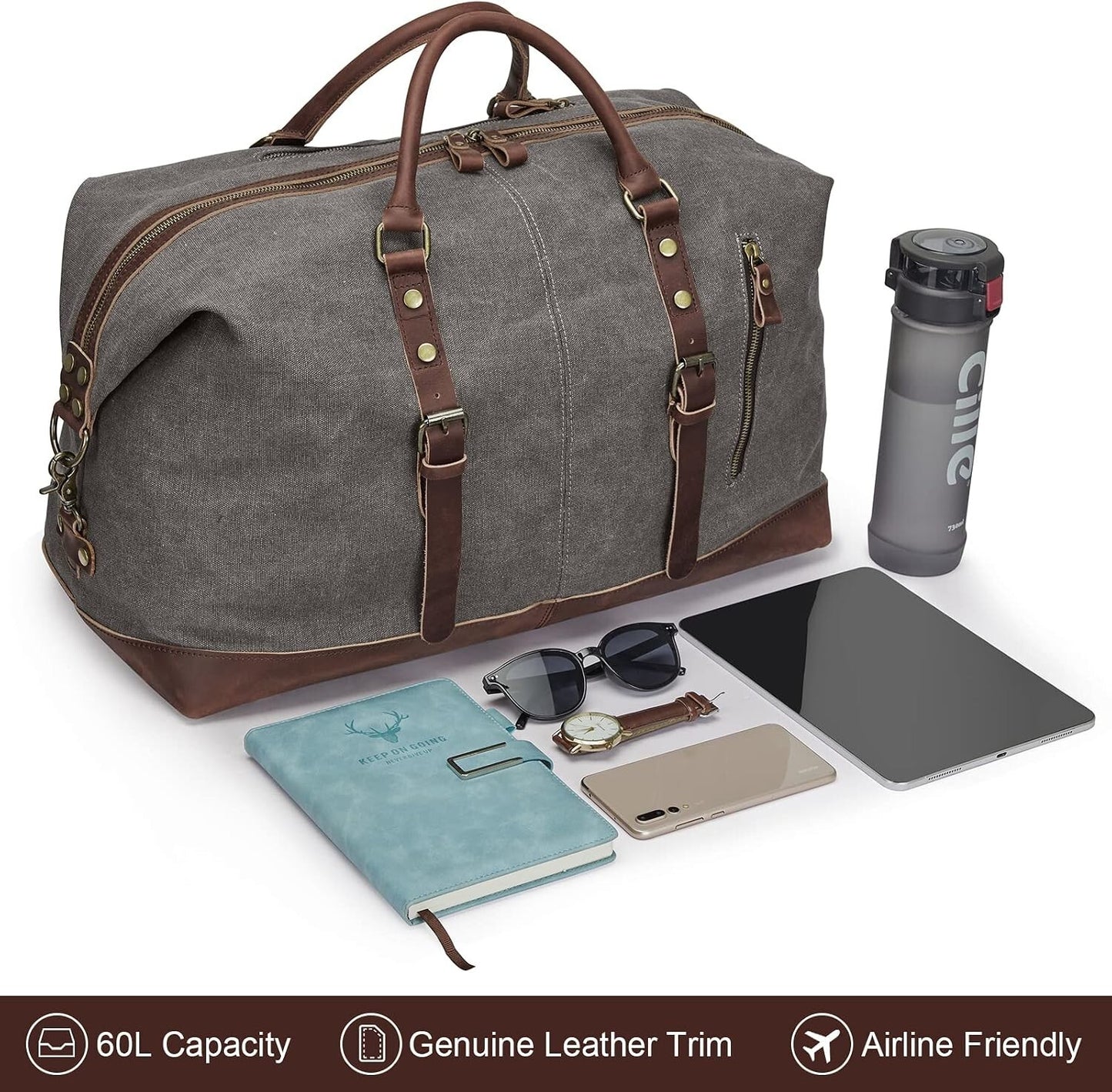 Men's Canvas Travel Duffel Bag Leather Carry On Weekender