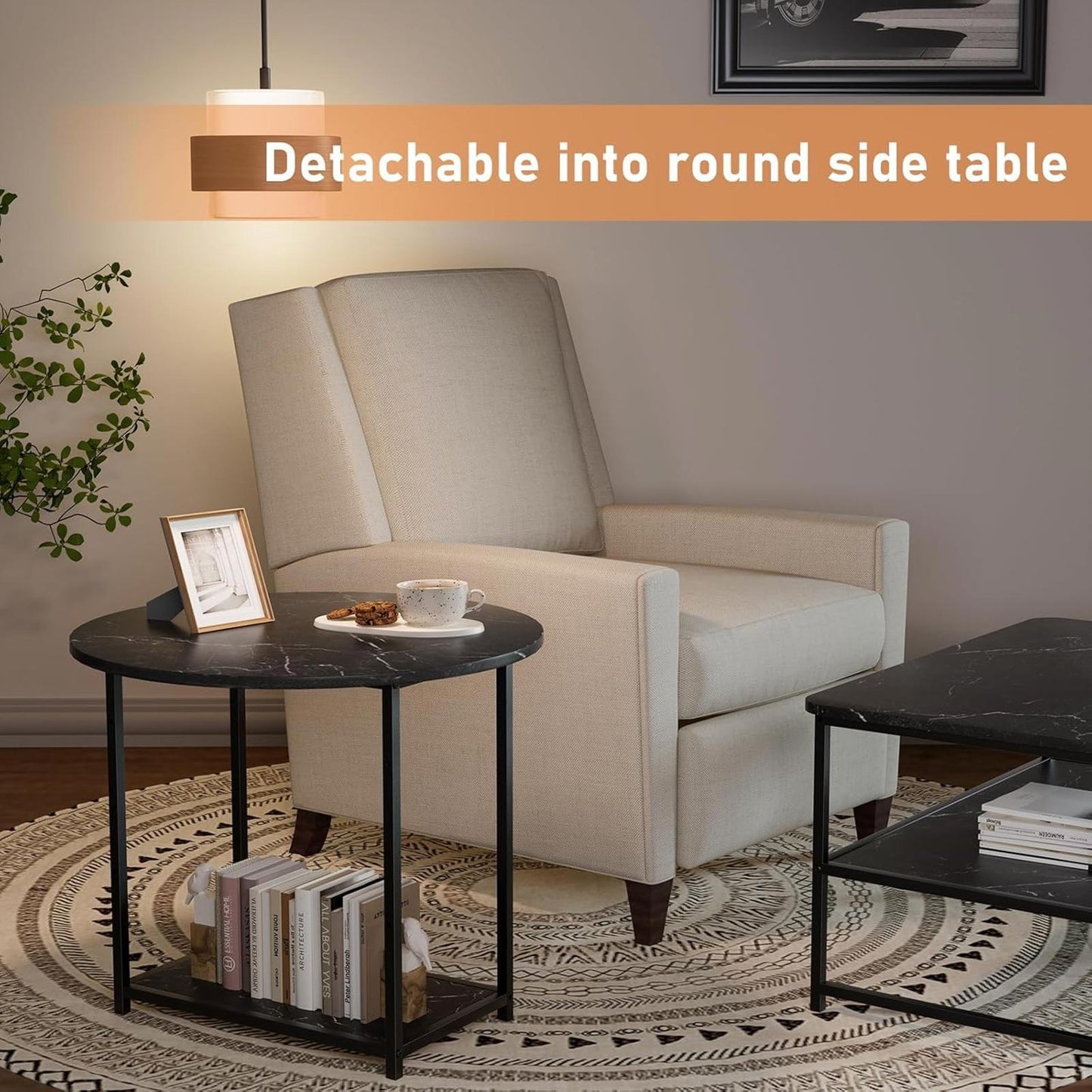2-in-1 Black Marble Coffee Table with Storage, Modern Living Room Table