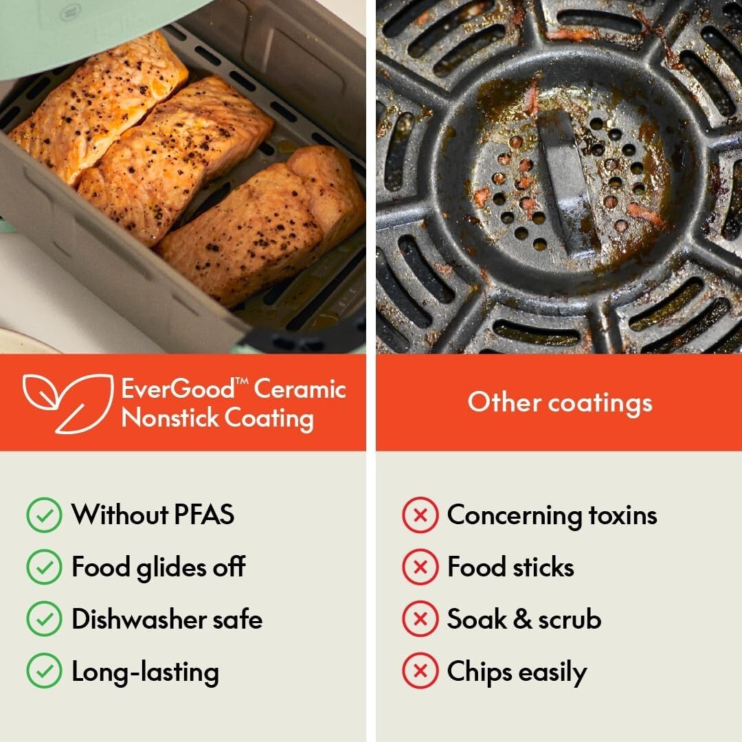 4Qt Slim Air Fryer Ceramic Nonstick 6 Presets 3.3Lb Seaglass