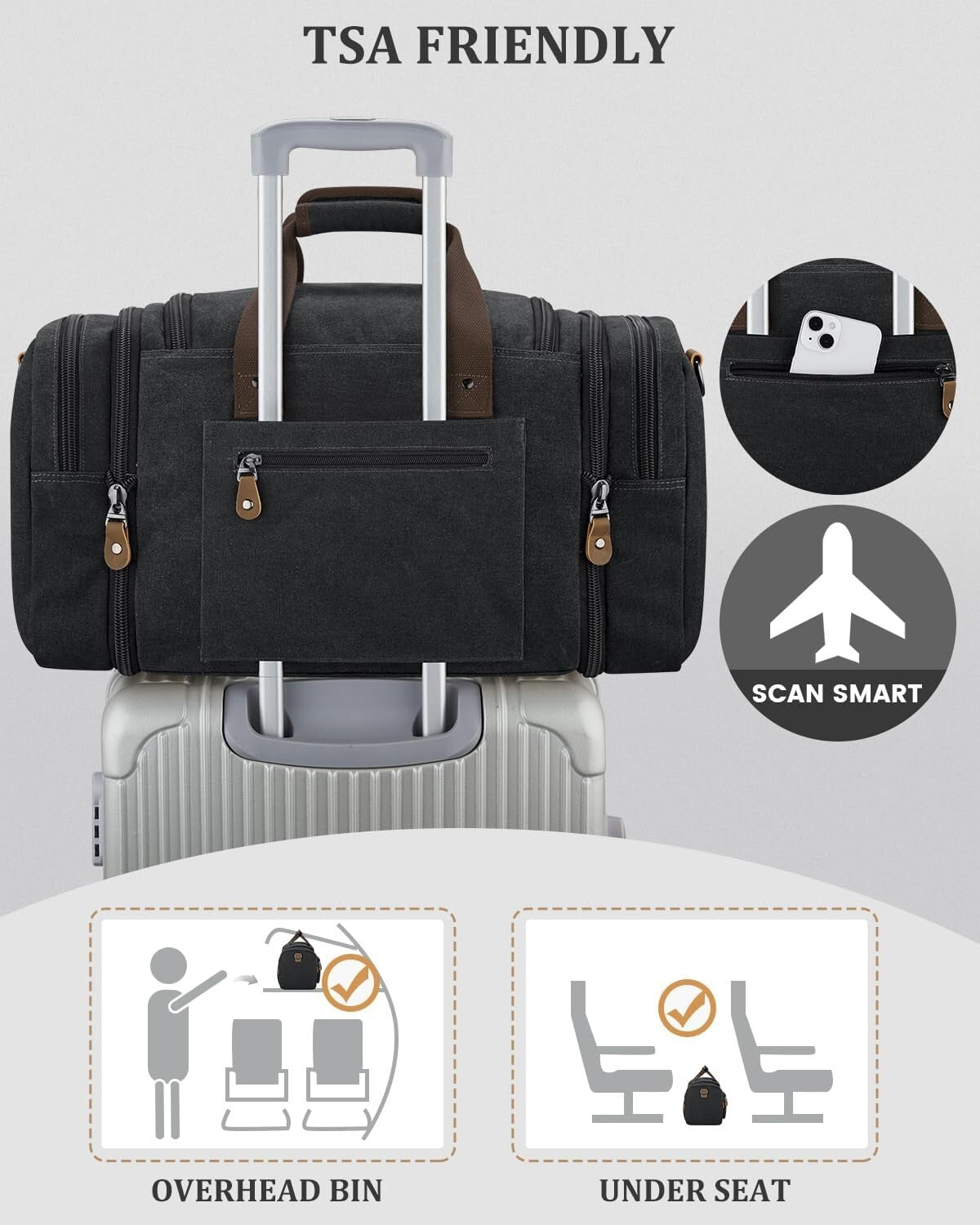 50L Expandable Duffle Bag Water Resistant Pocket Carry On