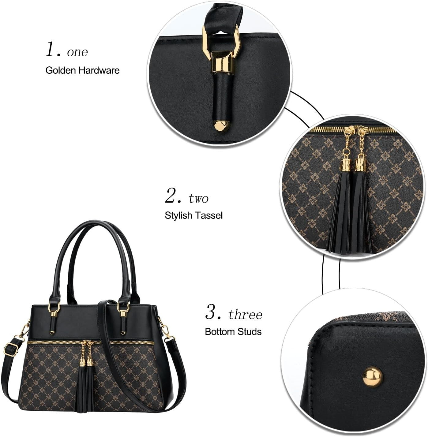Women's PU Leather Satchel Crossbody Purse 3 Zip Tassel