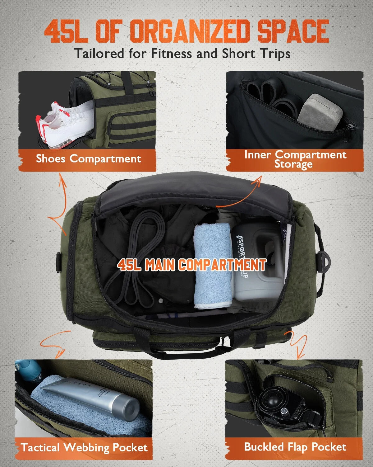 45L 3-in-1 Travel Duffel Gym Bag Backpack with Shoe Pocket